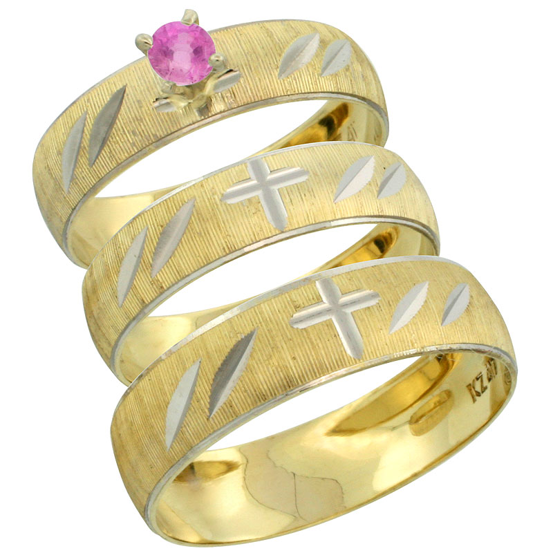 10k Gold 3-Piece Trio Pink Sapphire Wedding Ring Set Him & Her 0.10 ct Rhodium Accent Diamond-cut Pattern, Ladies Sizes 5 - 10 & Men's Sizes 8 - 14