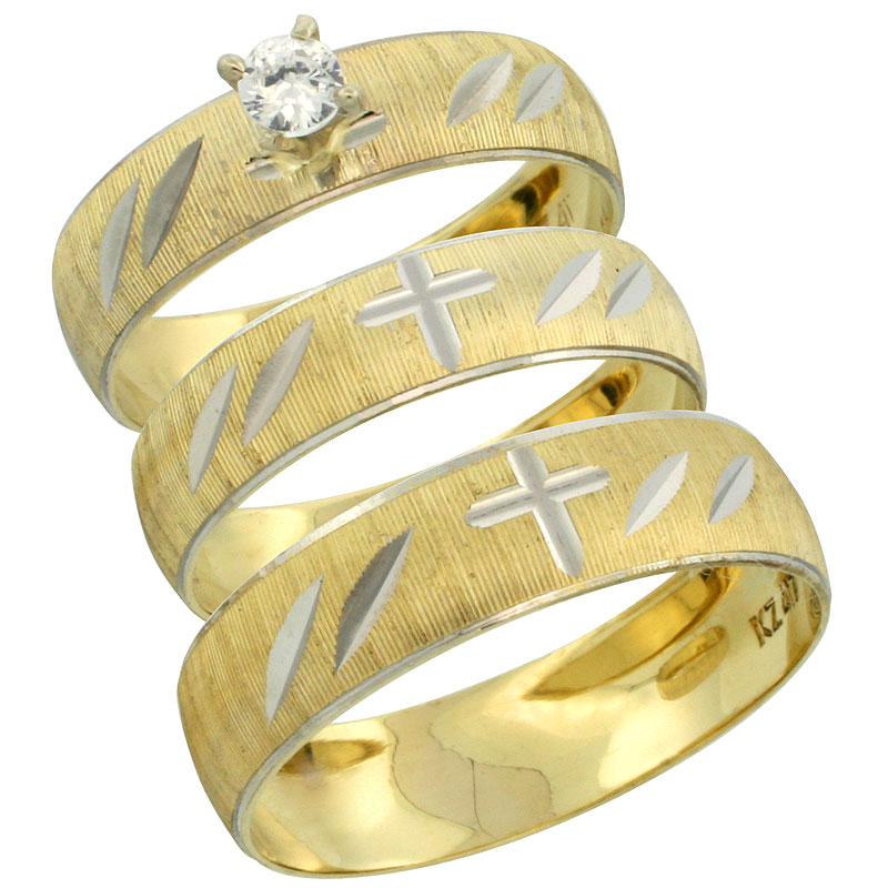 10k Gold 3-Piece Trio White Sapphire Wedding Ring Set Him &amp; Her 0.10 ct Rhodium Accent Diamond-cut Pattern , Ladies Sizes 5 - 10 &amp; Men&#039;s Sizes 8 - 14