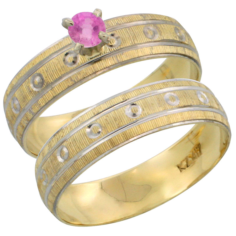 10k Gold Ladies' 2-Piece 0.25 Carat Pink Sapphire Engagement Ring Set Diamond-cut Pattern Rhodium Accent, 3/16 in. (4.5mm) wide, Sizes 5 - 10