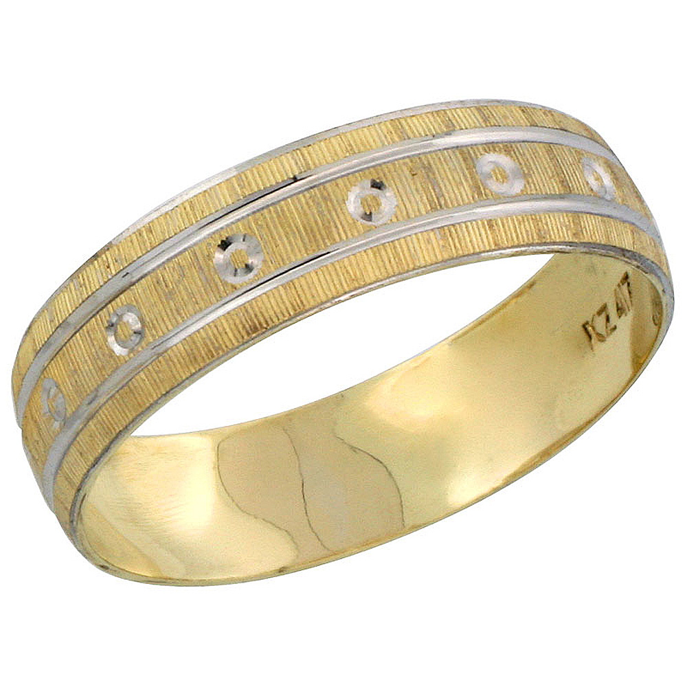 10k Gold Men's Wedding Band Ring Diamond-cut Pattern Rhodium Accent, 7/32 in. (5.5mm) wide, Sizes 8 - 14