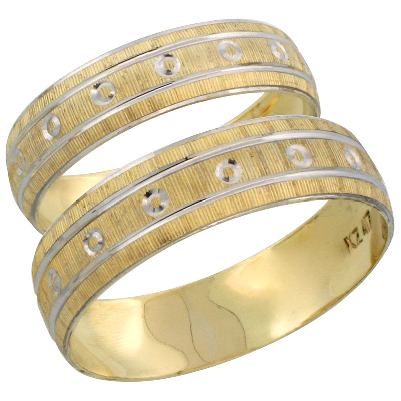 10k Gold 2-Piece Wedding Band Ring Set Him & Her 5.5mm & 4.5mm Diamond-cut Pattern Rhodium Accent, Ladies' Sizes 5 - 10 & Men's Sizes 8 - 14