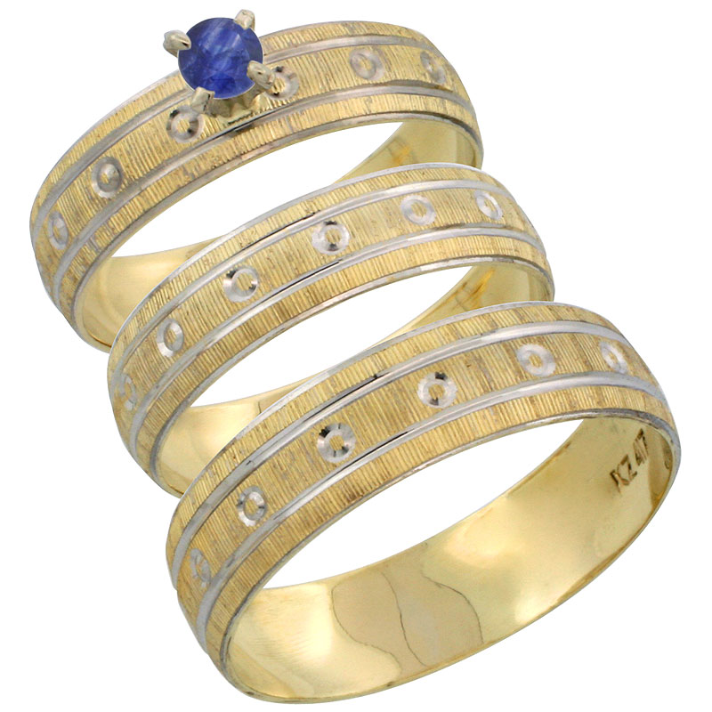 10k Gold 3-Piece Trio Blue Sapphire Wedding Ring Set Him &amp; Her 0.10 ct Rhodium Accent Diamond-cut Pattern, Ladies Sizes 5 - 10 &amp; Men&#039;s Sizes 8 - 14