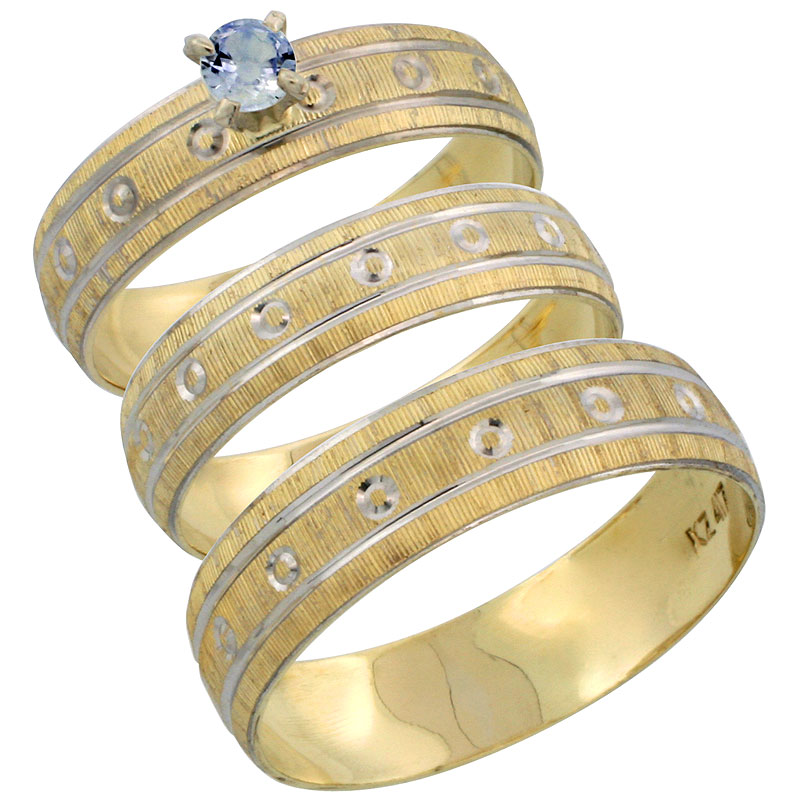 10k Gold 3-Piece Trio Light Blue Sapphire Wedding Ring Set Him &amp; Her 0.10 ct Rhodium Accent Diamond-cut Pattern, Ladies Sizes 5 - 10 &amp; Men&#039;s Sizes 8 - 14