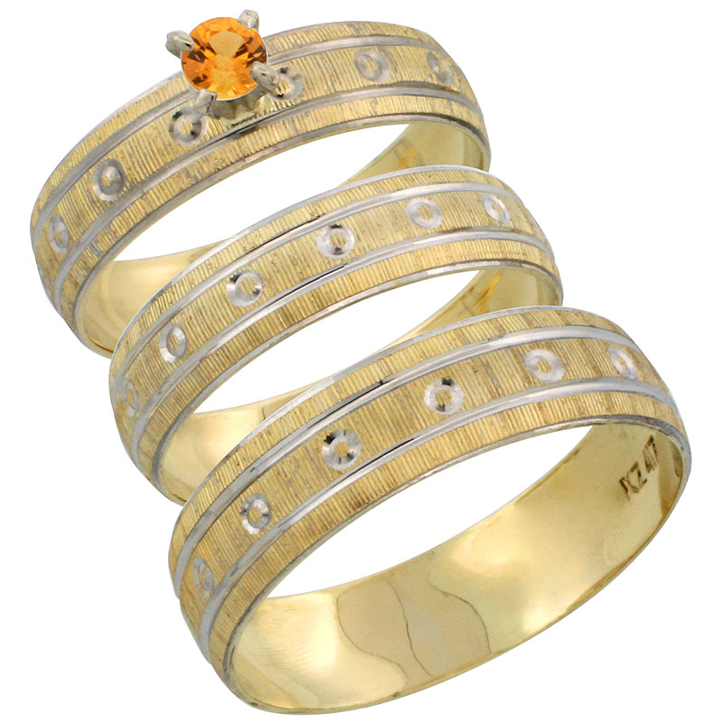 10k Gold 3-Piece Trio Orange Sapphire Wedding Ring Set Him &amp; Her 0.10 ct Rhodium Accent Diamond-cut Pattern, Ladies Sizes 5 - 10 &amp; Men&#039;s Sizes 8 - 14