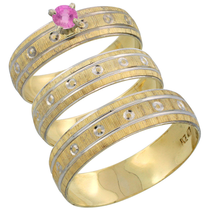 10k Gold 3-Piece Trio Pink Sapphire Wedding Ring Set Him & Her 0.10 ct Rhodium Accent Diamond-cut Pattern, Ladies Sizes 5 - 10 & Men's Sizes 8 - 14