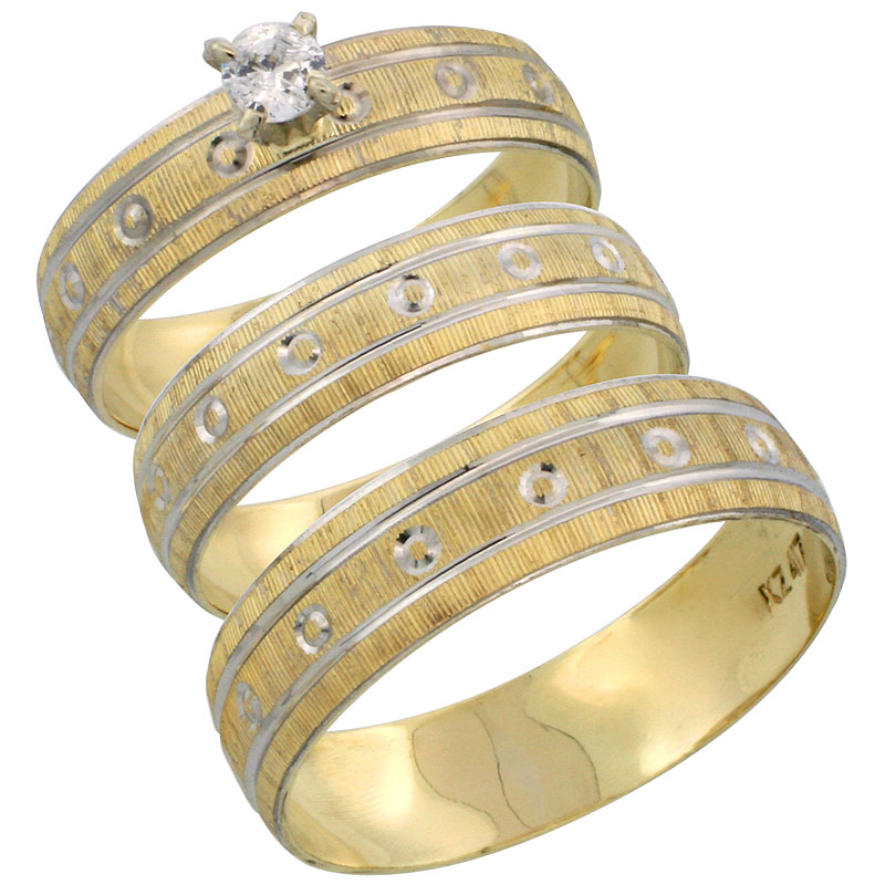 10k Gold 3-Piece Trio White Sapphire Wedding Ring Set Him &amp; Her 0.10 ct Rhodium Accent Diamond-cut Pattern , Ladies Sizes 5 - 10 &amp; Men&#039;s Sizes 8 - 14