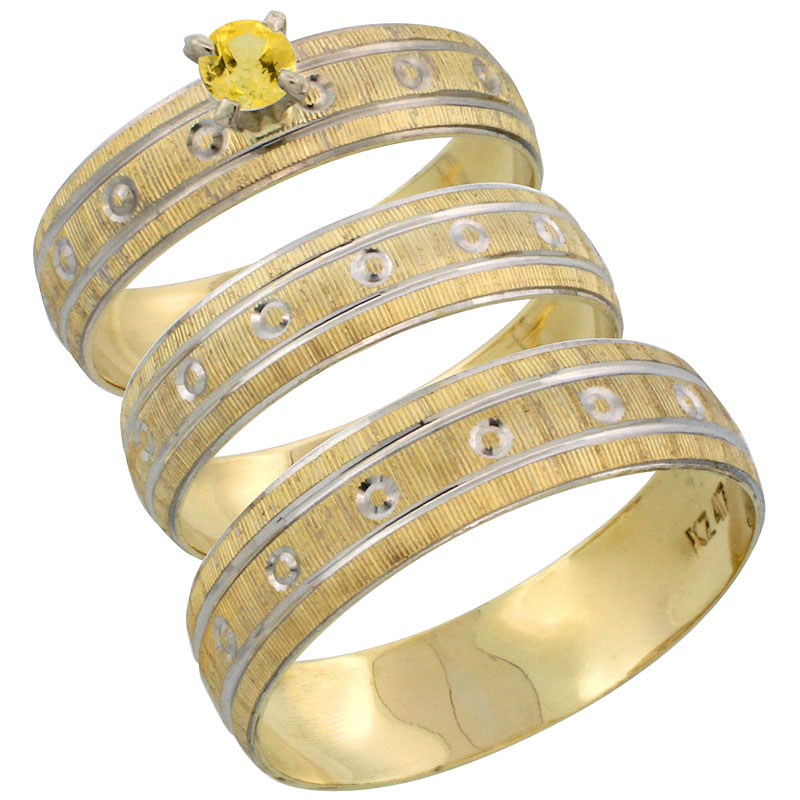 10k Gold 3-Piece Trio Yellow Sapphire Wedding Ring Set Him &amp; Her 0.10 ct Rhodium Accent Diamond-cut Pattern, Ladies Sizes 5 - 10 &amp; Men&#039;s Sizes 8 - 14