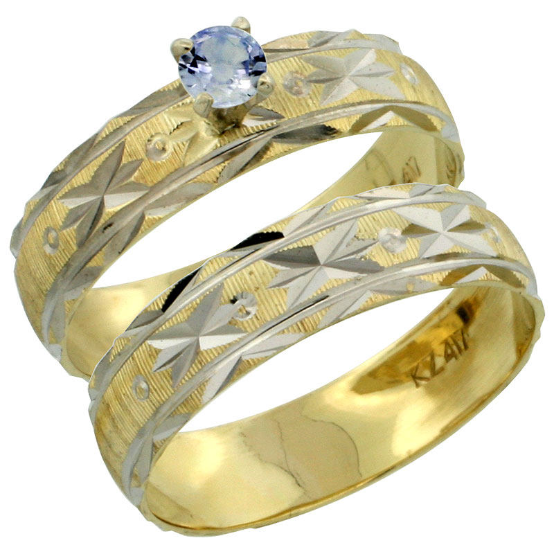 10k Gold Ladies&#039; 2-Piece 0.25 Carat Light Blue Sapphire Engagement Ring Set Diamond-cut Pattern Rhodium Accent, 3/16 in. (4.5mm) wide, Sizes 5 - 10