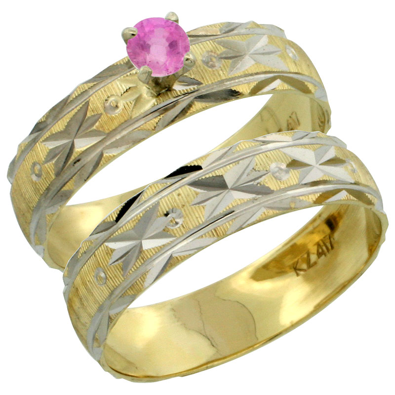 10k Gold Ladies' 2-Piece 0.25 Carat Pink Sapphire Engagement Ring Set Diamond-cut Pattern Rhodium Accent, 3/16 in. (4.5mm) wide, Sizes 5 - 10