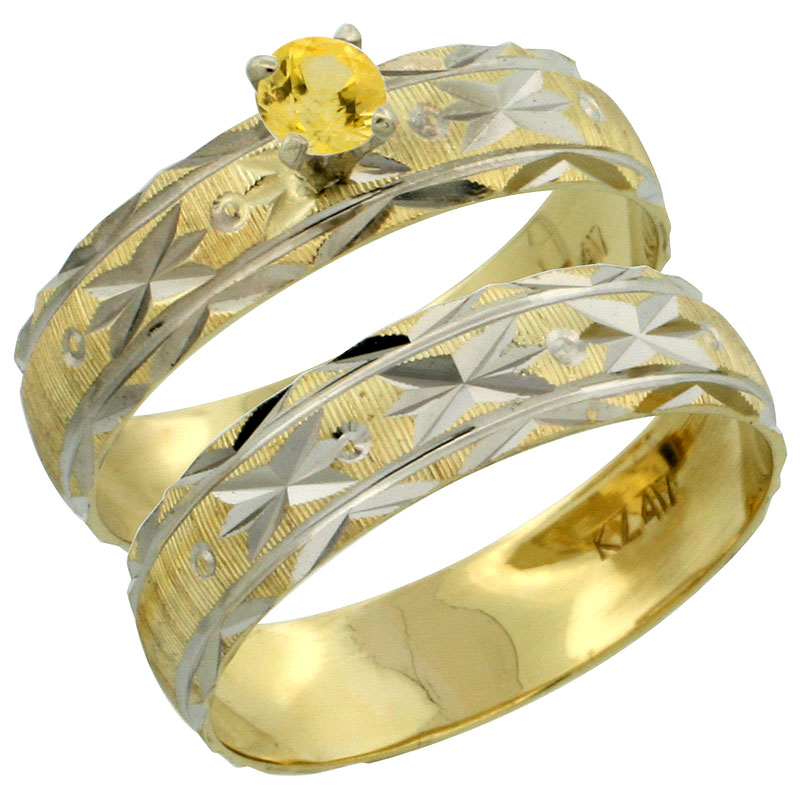 10k Gold Ladies&#039; 2-Piece 0.25 Carat Yellow Sapphire Engagement Ring Set Diamond-cut Pattern Rhodium Accent, 3/16 in. (4.5mm) wide, Sizes 5 - 10