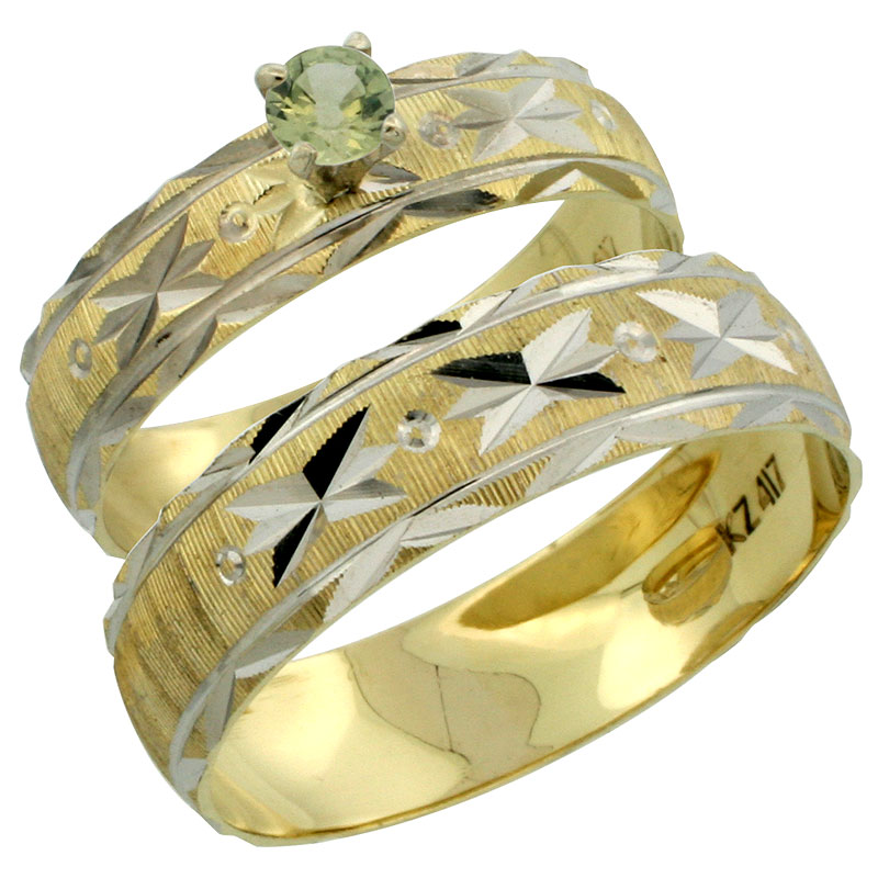 10k Gold 2-Piece 0.25 Carat Green Sapphire Ring Set (Engagement Ring &amp; Man&#039;s Wedding Band) Diamond-cut Pattern Rhodium Accent, (4.5mm; 5.5mm) wide , Ladies&#039; Sizes 5 - 10 &amp; Men&#039;s Size 8 - 14