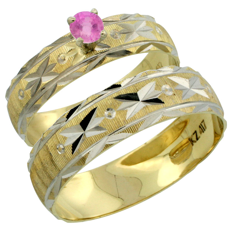 10k Gold 2-Piece 0.25 Carat Pink Sapphire Ring Set (Engagement Ring &amp; Man&#039;s Wedding Band) Diamond-cut Pattern Rhodium Accent, (4.5mm; 5.5mm) wide , Ladies&#039; Sizes 5 - 10 &amp; Men&#039;s Size 8 - 14