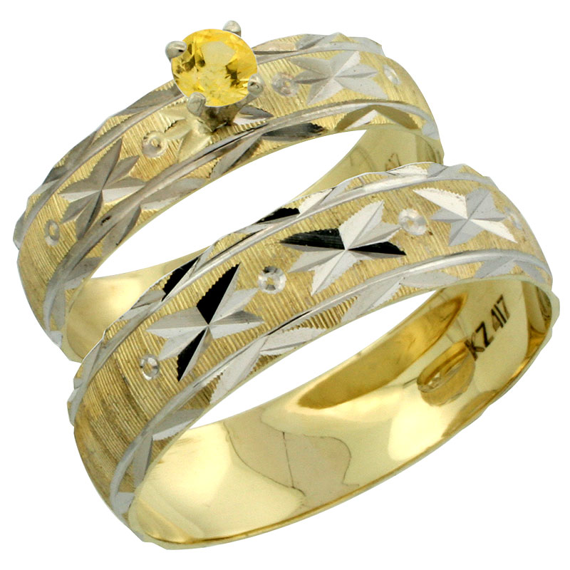 10k Gold 2-Piece 0.25 Carat Yellow Sapphire Ring Set (Engagement Ring & Man's Wedding Band) Diamond-cut Pattern Rhodium Accent, (4.5mm; 5.5mm) wide , Ladies' Sizes 5 - 10 & Men's Size 8 - 14