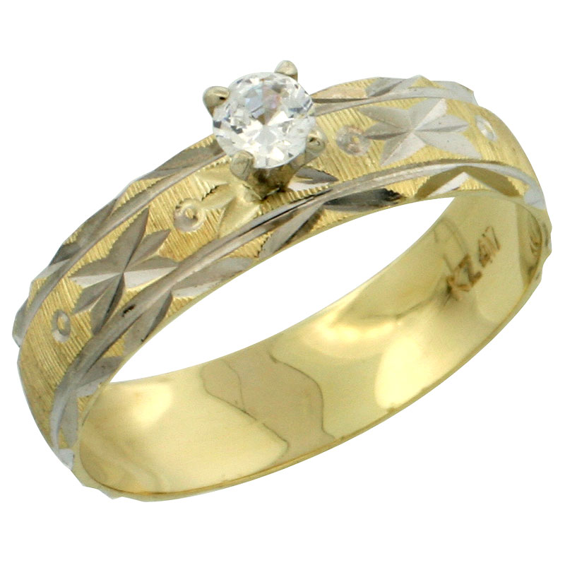 10k Gold Solitaire Diamond Engagement Ring 0.10 ct Diamond-cut Pattern Rhodium Accent, 3/16 in. (4.5mm) wide, Sizes 5 - 10