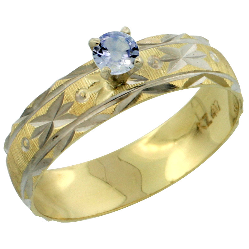 10k Gold Ladies' Solitaire 0.25 Carat Light Blue Sapphire Engagement Ring Diamond-cut Pattern Rhodium Accent, 3/16 in. (4.5mm) wide, Sizes 5 - 10