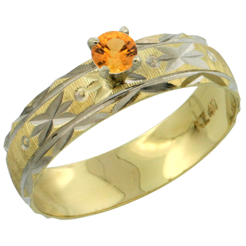 10k Gold Ladies&#039; Solitaire 0.25 Carat Orange Sapphire Engagement Ring Diamond-cut Pattern Rhodium Accent, 3/16 in. (4.5mm) wide, Sizes 5 - 10