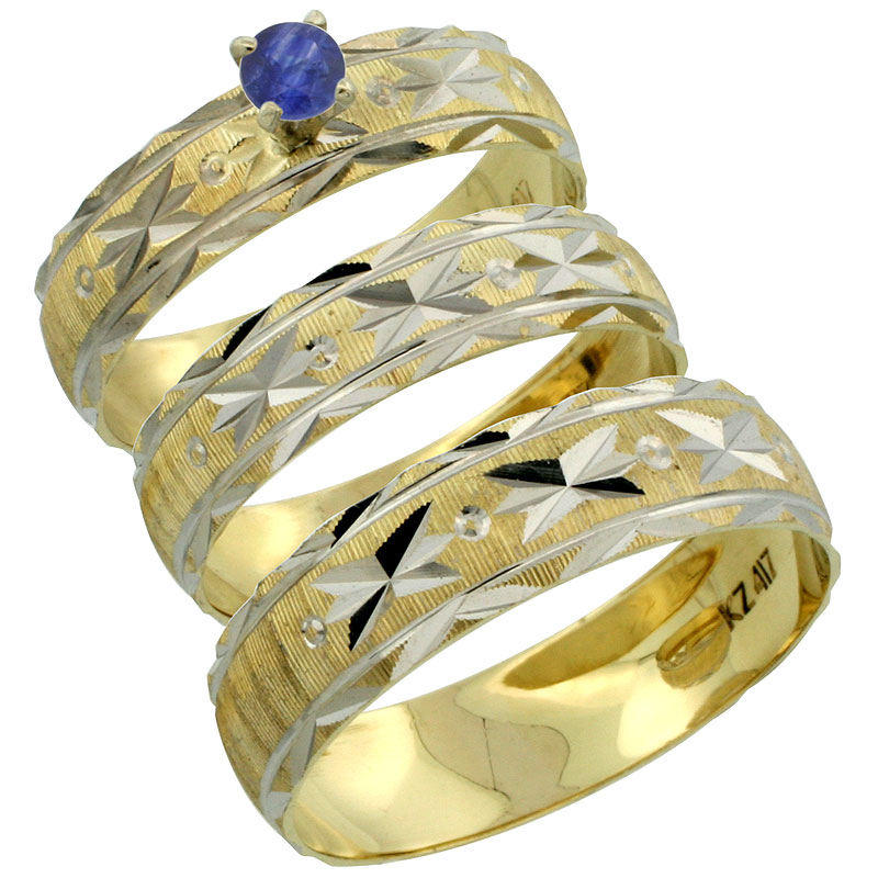 10k Gold 3-Piece Trio Blue Sapphire Wedding Ring Set Him & Her 0.10 ct Rhodium Accent Diamond-cut Pattern, Ladies Sizes 5 - 10 & Men's Sizes 8 - 14