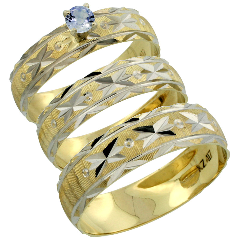 10k Gold 3-Piece Trio Light Blue Sapphire Wedding Ring Set Him & Her 0.10 ct Rhodium Accent Diamond-cut Pattern, Ladies Sizes 5 - 10 & Men's Sizes 8 - 14