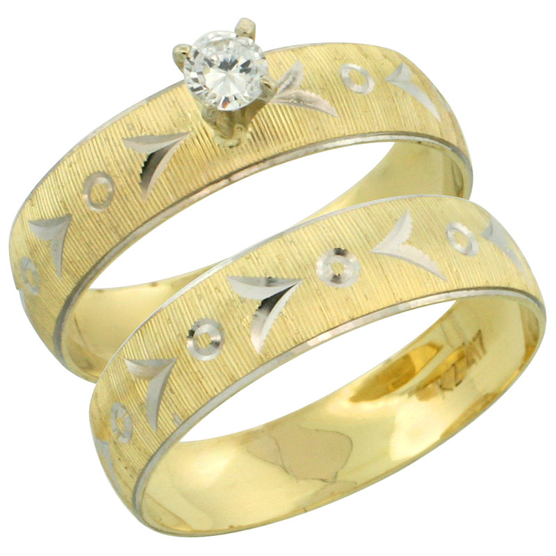 10k Gold Ladies&#039; 2-Piece 0.10 Carat Diamond Engagement Ring Set Diamond-cut Pattern Rhodium Accent, 3/16 in. (4.5mm) wide, Sizes 5 - 10