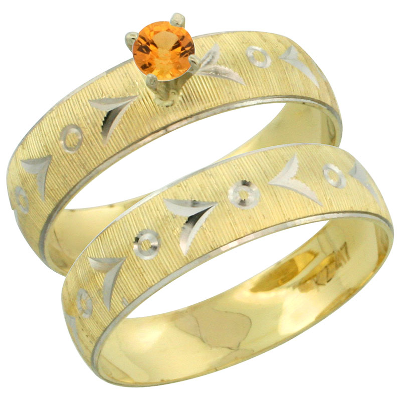 10k Gold Ladies' 2-Piece 0.25 Carat Orange Sapphire Engagement Ring Set Diamond-cut Pattern Rhodium Accent, 3/16 in. (4.5mm) wide, Sizes 5 - 10