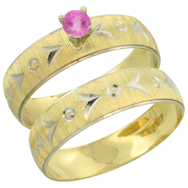 10k Gold Ladies&#039; 2-Piece 0.25 Carat Pink Sapphire Engagement Ring Set Diamond-cut Pattern Rhodium Accent, 3/16 in. (4.5mm) wide, Sizes 5 - 10