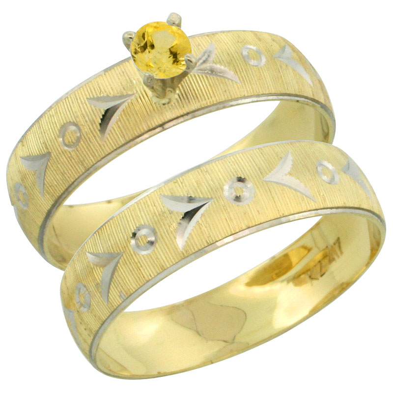 10k Gold Ladies' 2-Piece 0.25 Carat Yellow Sapphire Engagement Ring Set Diamond-cut Pattern Rhodium Accent, 3/16 in. (4.5mm) wide, Sizes 5 - 10