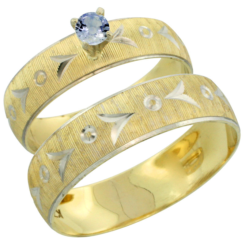 10k Gold 2-Piece 0.25 Carat Light Blue Sapphire Ring Set (Engagement Ring &amp; Man&#039;s Wedding Band) Diamond-cut Pattern Rhodium Accent, (4.5mm; 5.5mm) wide , Ladies&#039; Sizes 5 - 10 &amp; Men&#039;s Size 8 - 14