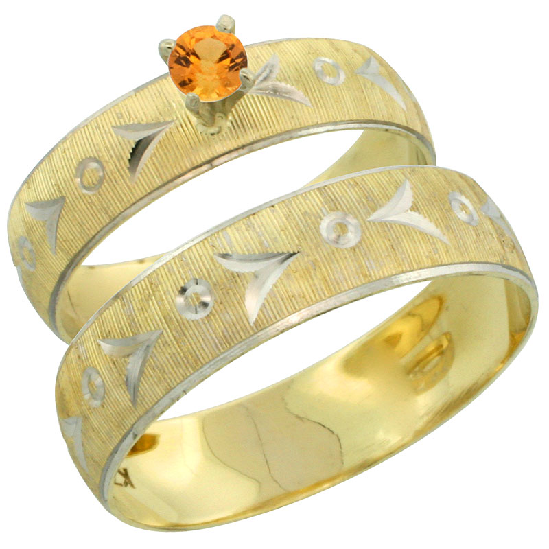 10k Gold 2-Piece 0.25 Carat Orange Sapphire Ring Set (Engagement Ring &amp; Man&#039;s Wedding Band) Diamond-cut Pattern Rhodium Accent, (4.5mm; 5.5mm) wide , Ladies&#039; Sizes 5 - 10 &amp; Men&#039;s Size 8 - 14