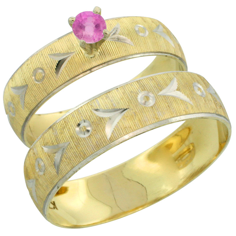 10k Gold 2-Piece 0.25 Carat Pink Sapphire Ring Set (Engagement Ring & Man's Wedding Band) Diamond-cut Pattern Rhodium Accent, (4.5mm; 5.5mm) wide , Ladies' Sizes 5 - 10 & Men's Size 8 - 14