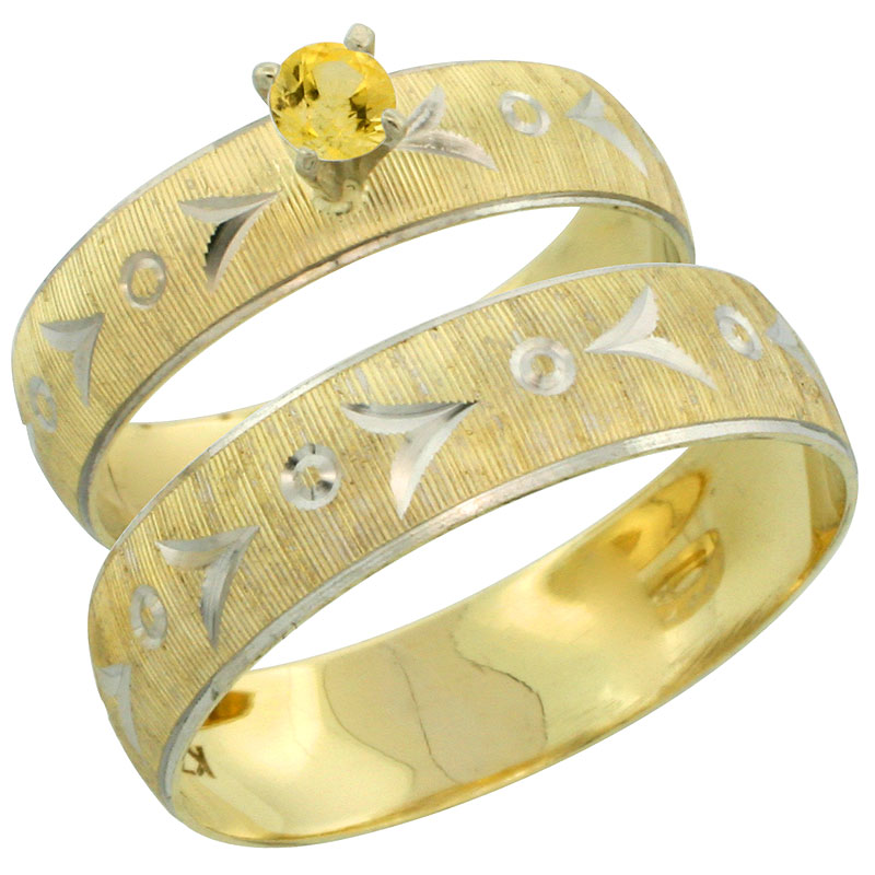 10k Gold 2-Piece 0.25 Carat Yellow Sapphire Ring Set (Engagement Ring & Man's Wedding Band) Diamond-cut Pattern Rhodium Accent, (4.5mm; 5.5mm) wide , Ladies' Sizes 5 - 10 & Men's Size 8 - 14