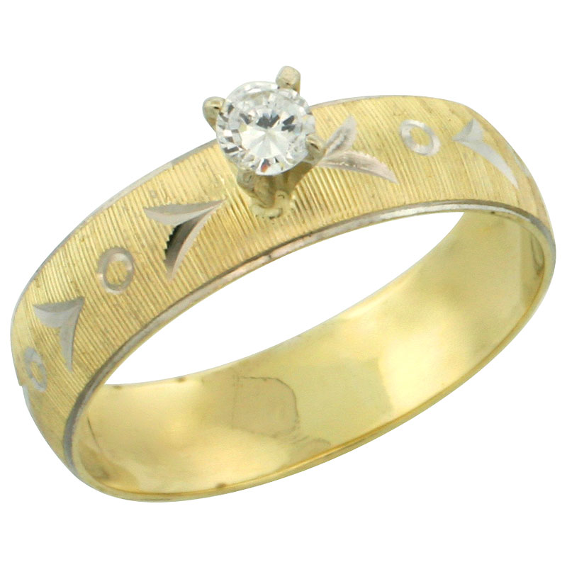 10k Gold Solitaire Diamond Engagement Ring 0.10 ct Diamond-cut Pattern Rhodium Accent, 3/16 in. (4.5mm) wide, Sizes 5 - 10