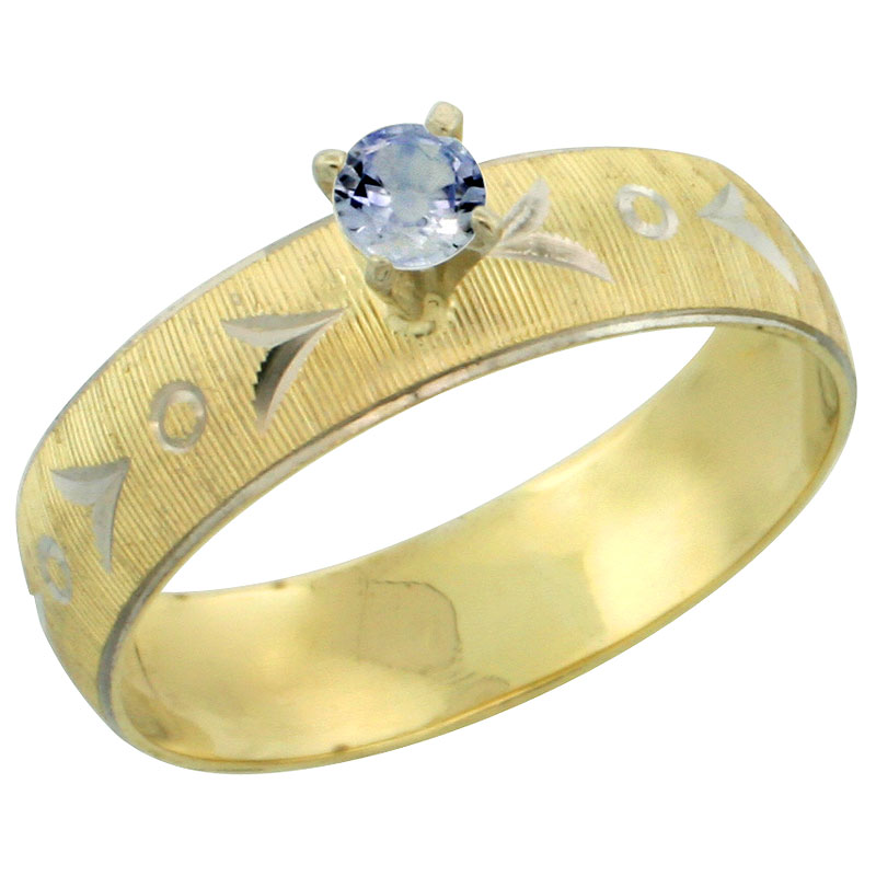 10k Gold Ladies&#039; Solitaire 0.25 Carat Light Blue Sapphire Engagement Ring Diamond-cut Pattern Rhodium Accent, 3/16 in. (4.5mm) wide, Sizes 5 - 10