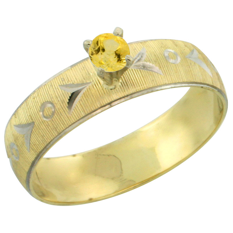 10k Gold Ladies' Solitaire 0.25 Carat Yellow Sapphire Engagement Ring Diamond-cut Pattern Rhodium Accent, 3/16 in. (4.5mm) wide, Sizes 5 - 10