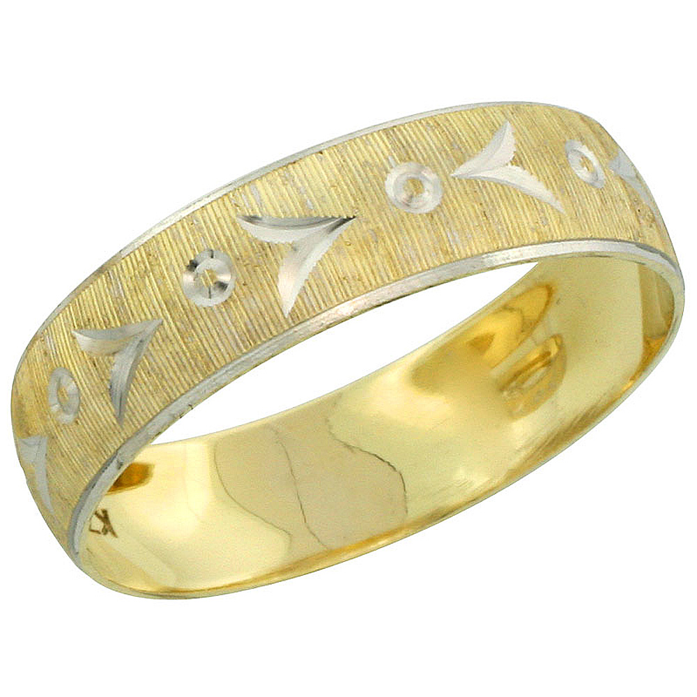 10k Gold Men&#039;s Wedding Band Ring Diamond-cut Pattern Rhodium Accent, 7/32 in. (5.5mm) wide, Sizes 8 - 14