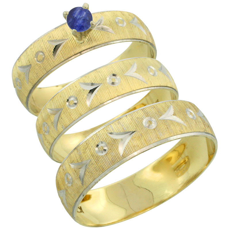 10k Gold 3-Piece Trio Blue Sapphire Wedding Ring Set Him &amp; Her 0.10 ct Rhodium Accent Diamond-cut Pattern, Ladies Sizes 5 - 10 &amp; Men&#039;s Sizes 8 - 14