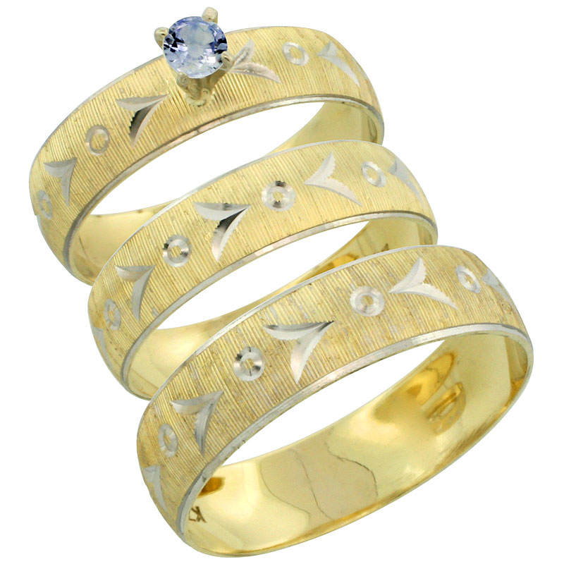 10k Gold 3-Piece Trio Light Blue Sapphire Wedding Ring Set Him & Her 0.10 ct Rhodium Accent Diamond-cut Pattern, Ladies Sizes 5 - 10 & Men's Sizes 8 - 14