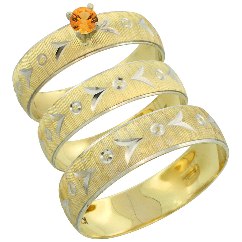 10k Gold 3-Piece Trio Orange Sapphire Wedding Ring Set Him & Her 0.10 ct Rhodium Accent Diamond-cut Pattern, Ladies Sizes 5 - 10 & Men's Sizes 8 - 14