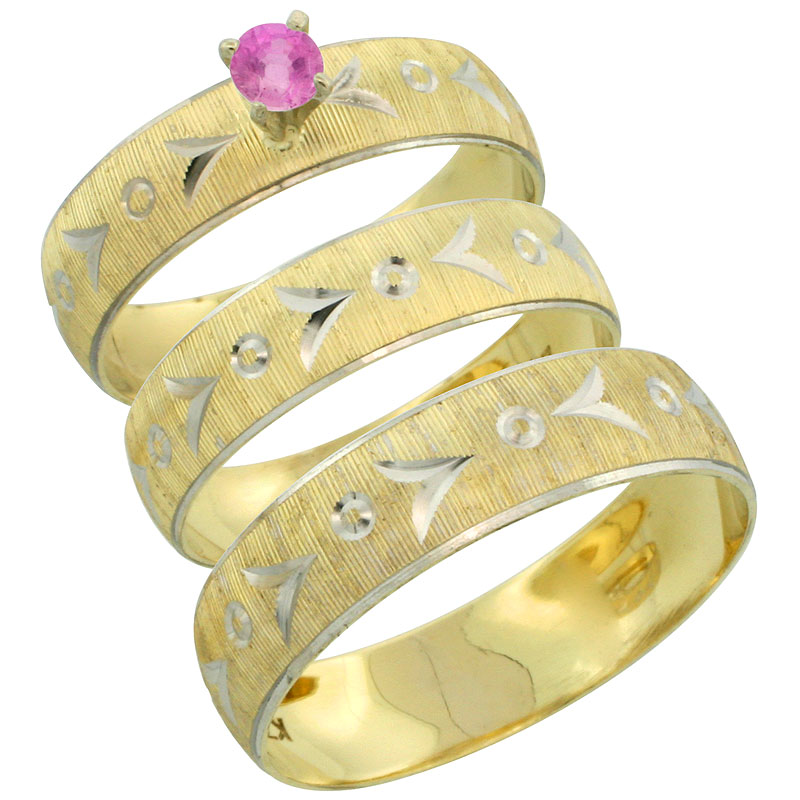 10k Gold 3-Piece Trio Pink Sapphire Wedding Ring Set Him &amp; Her 0.10 ct Rhodium Accent Diamond-cut Pattern, Ladies Sizes 5 - 10 &amp; Men&#039;s Sizes 8 - 14