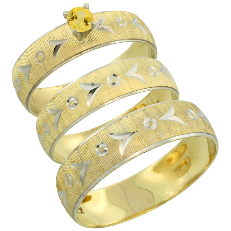 10k Gold 3-Piece Trio Yellow Sapphire Wedding Ring Set Him &amp; Her 0.10 ct Rhodium Accent Diamond-cut Pattern, Ladies Sizes 5 - 10 &amp; Men&#039;s Sizes 8 - 14