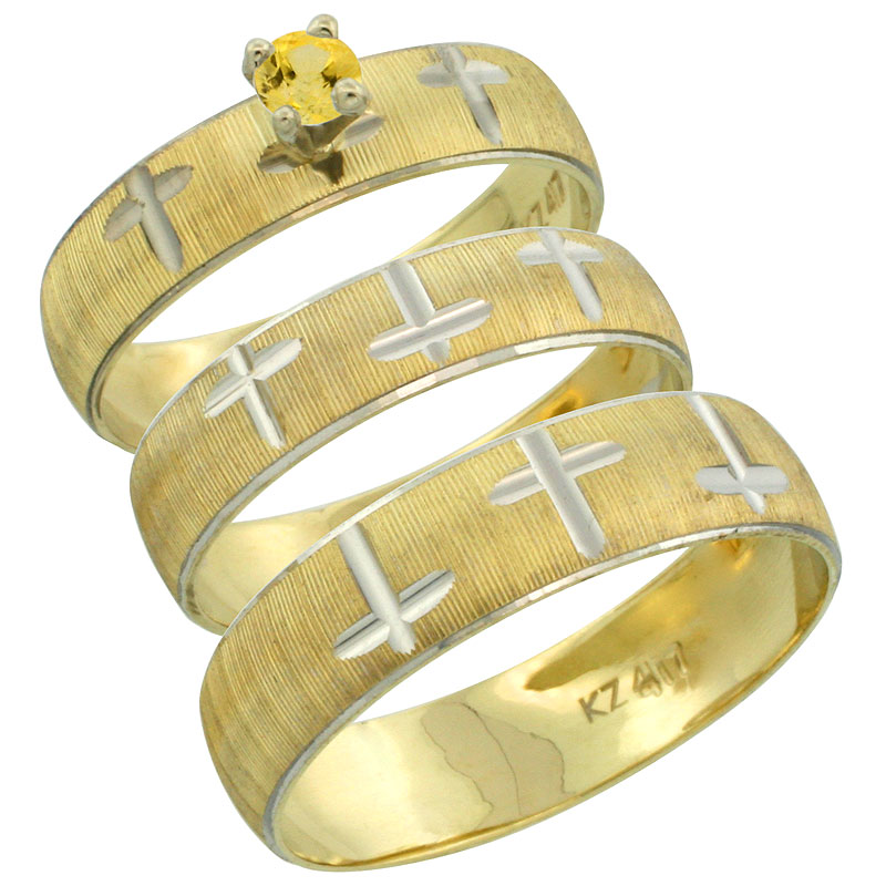 10k Gold 3-Piece Trio Yellow Sapphire Wedding Ring Set Him & Her 0.10 ct Rhodium Accent Diamond-cut Pattern, Ladies Sizes 5 - 10 & Men's Sizes 8 - 14