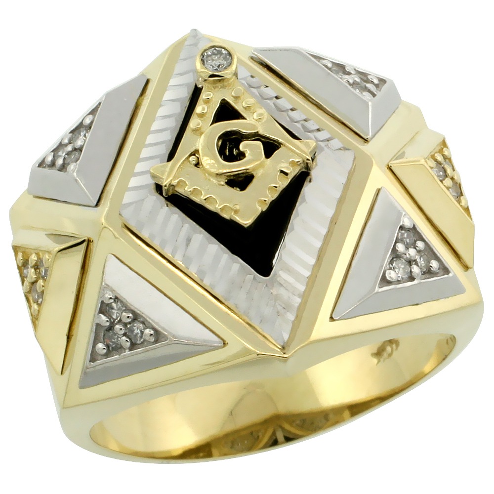 Genuine 10k Gold Diamond Black Onyx Square & Compass Masonic Ring for Men Triangular Pattern Rhodium Accent 0.165 ctw 3/4 inch sizes 8-13