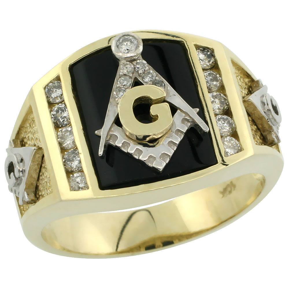 10K GOLD MEN'S FREEMASONRY RHODIUM ACCENTED MASONIC DIAMOND RING W/ BLACK ONYX STONE & 0.398 CARAT BRILLIANT CUT DIAMONDS, 9/16 IN. (15MM) WIDE
