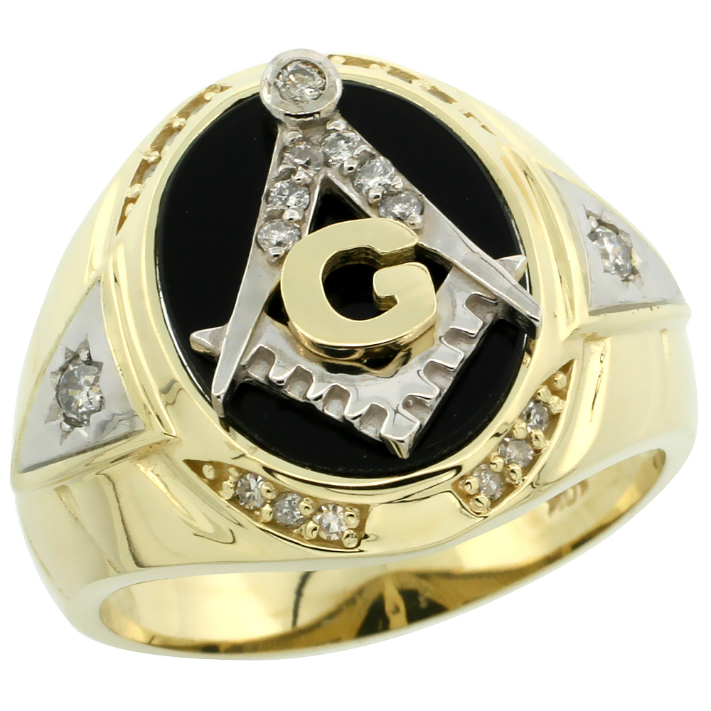 10K GOLD MEN'S FREEMASONRY RHODIUM ACCENTED MASONIC OVAL DIAMOND RING W/ BLACK ONYX STONE & 0.261 CARAT BRILLIANT CUT DIAMONDS, 11/16 IN. (18MM) WIDE