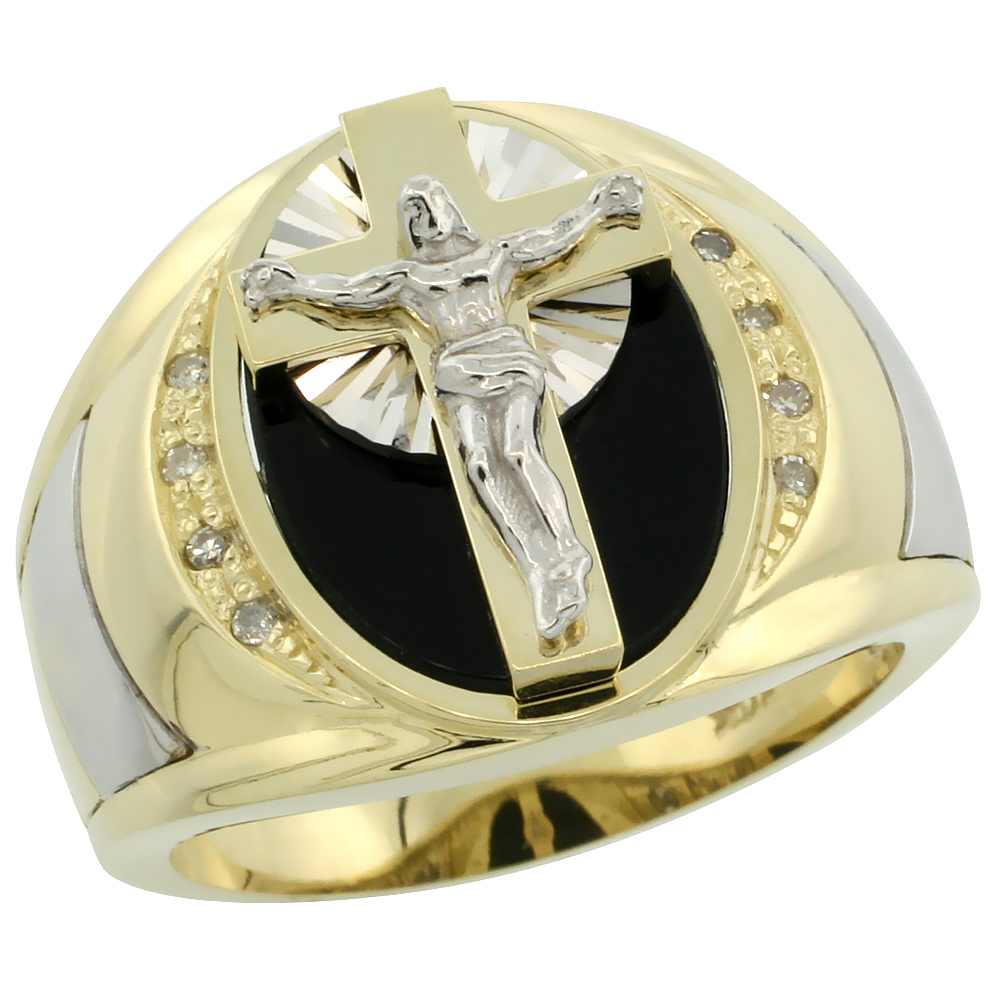 10k Gold Men's Rhodium Accented Crucifix Oval Diamond Ring w/ Black Onyx Stone & 0.066 Carat Brilliant Cut Diamonds, 5/8 in. (16mm) wide