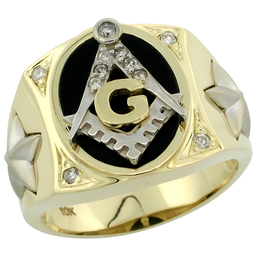 Genuine 10k Gold Diamond Black Onyx Square & Compass Masonic Ring for Men Star Sides Oval Shape Rhodium Accent 0.119 ctw 5/8 inch sizes 8-13