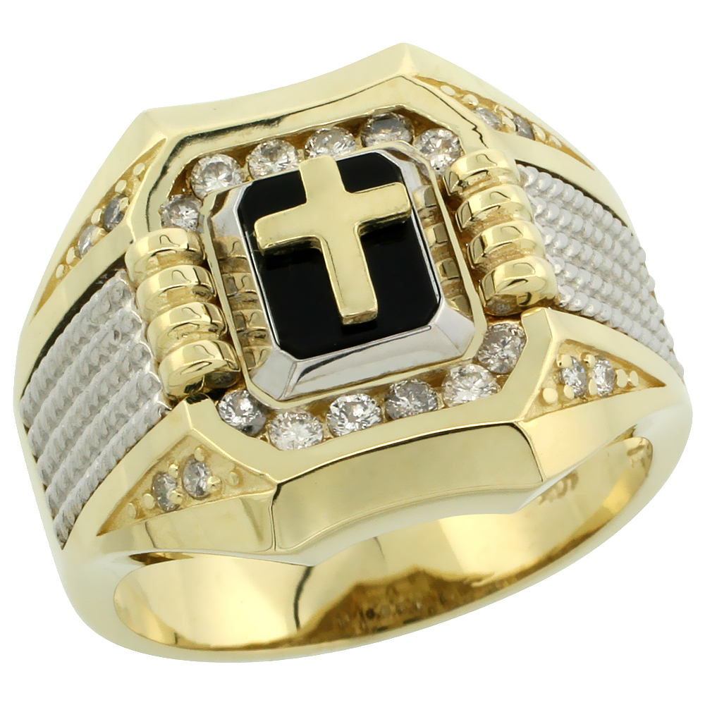 10K GOLD MEN'S RHODIUM ACCENTED SQUARE DIAMOND CROSS RING W/ BLACK ONYX STONE & 0.37 CARAT BRILLIANT CUT DIAMONDS, 11/16 IN. (17MM) WIDE