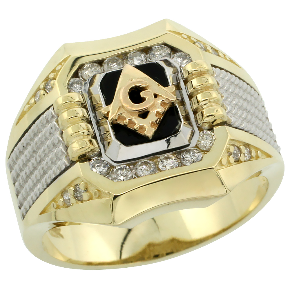 GENUINE 10K GOLD DIAMOND BLACK ONYX SQUARE & COMPASS MASONIC RING FOR MEN ROPE SIDES OCTAGON SHAPE RHODIUM ACCENT 0.37 CTW 11/16 INCH SIZES 8-13