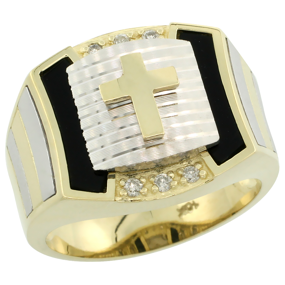 Genuine 10k Gold Diamond Black Onyx Cross Ring for Men Srtipe Sides Square Shape Rhodium Accent 0.095 ctw 5/8 inch sizes 8-13
