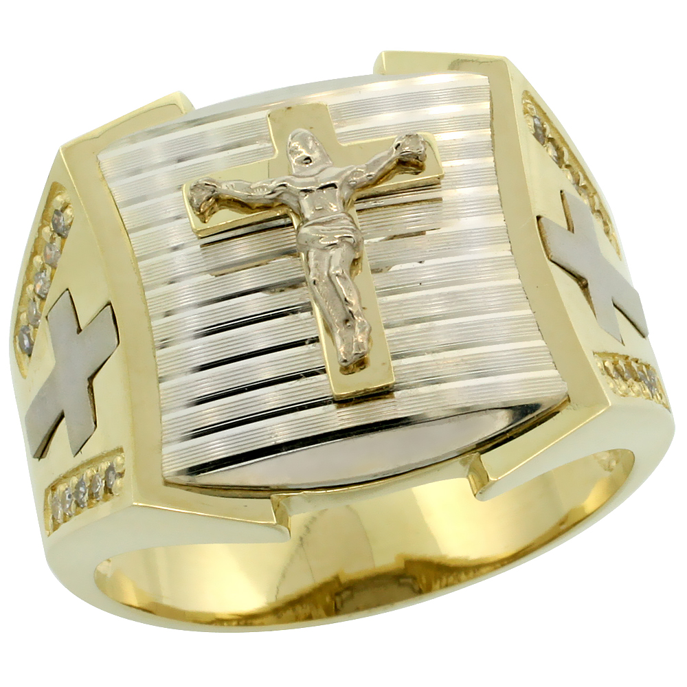GENUINE 10K GOLD DIAMOND CRUCIFIX RING FOR MEN CROSS SIDES SQUARE SHAPE DIAMOND CUT RHODIUM ACCENT 0.166 CTW 11/16 INCH SIZE 8-13