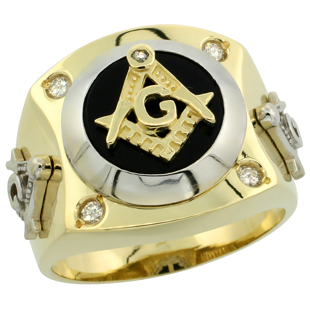 10K GOLD MEN'S RHODIUM ACCENTED DIAMOND MASONIC RING W/ 0.155 CARAT BRILLIANT CUT DIAMONDS, 11/16 IN. (17MM) WIDE